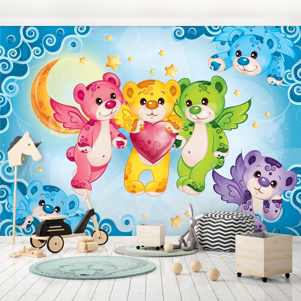 Флізелінові фотошпалери в дитячій 416x290 см Барвисті плюшеві ведмедики Казка для дітей (10156VEXXXXL) +клей