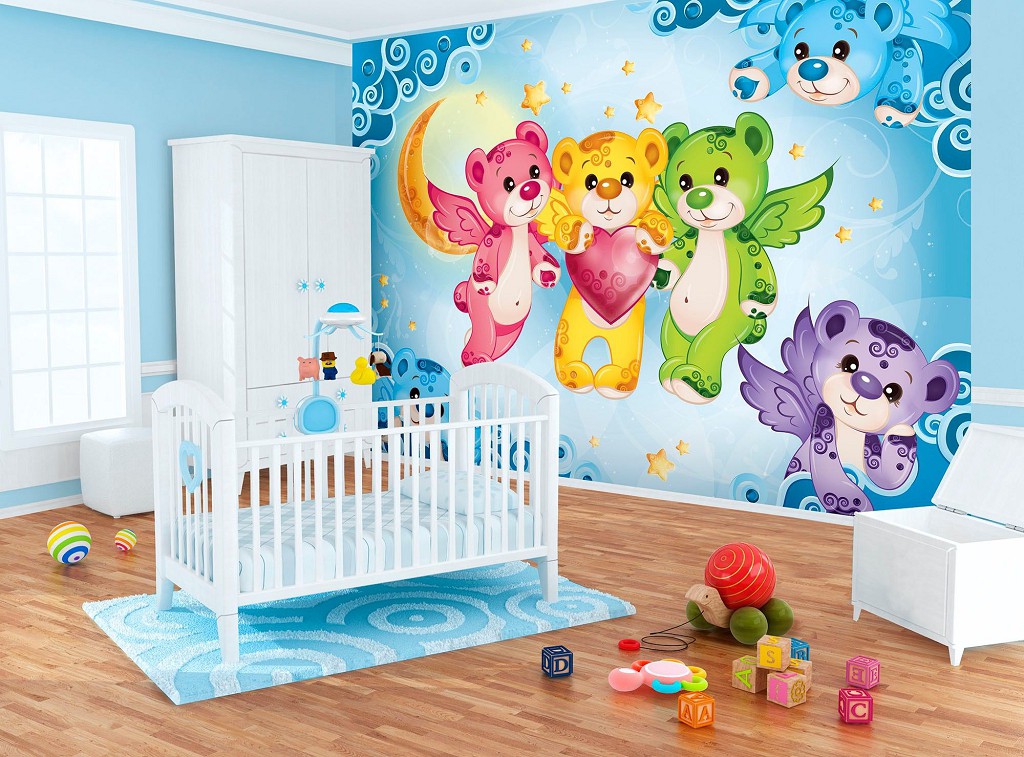 Оригинальные флизелиновые фотообои в детскую Красочные плюшевые мишки Сказка для детей (10156V)+клей