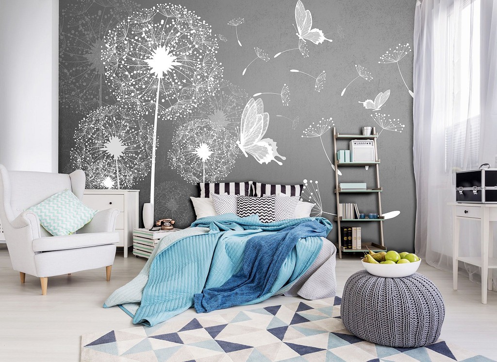 Флизелиновые фотообои цветы в интерьере спальни 368x254 см Белые одуванчики и бабочки на сером фоне (10158V8) +клей