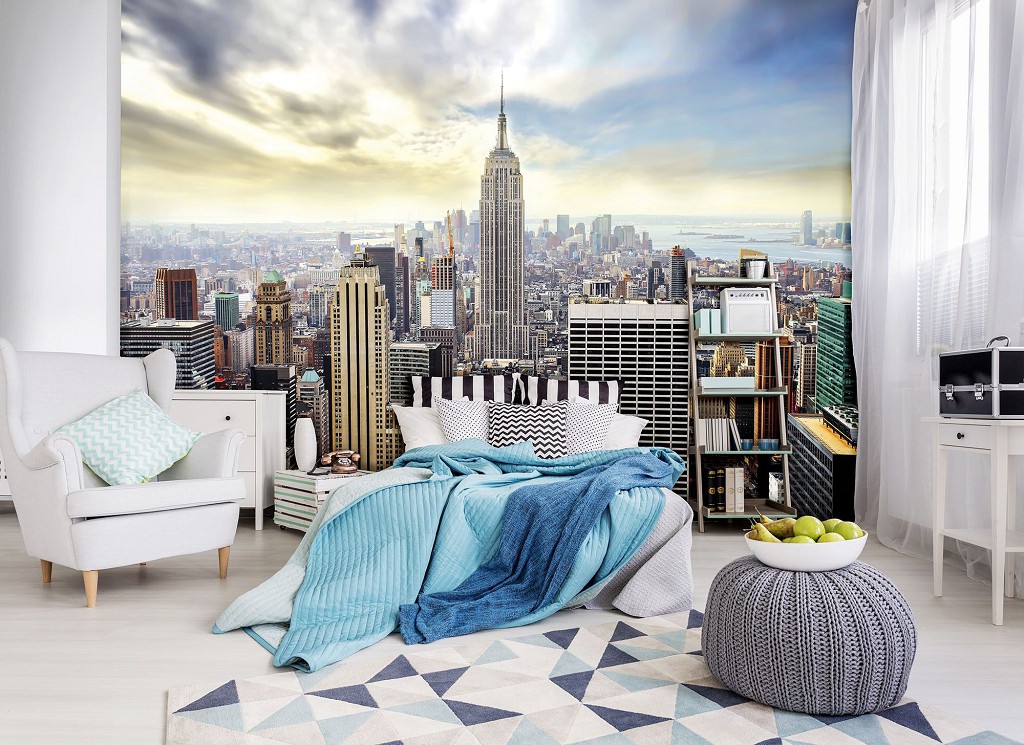 Флізелінові 3д фотошпалери для зали 416x254 см місто Нью-Йорк та чисте небо (10160VEXXXL) +клей