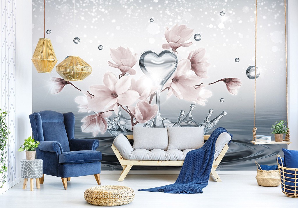 Флізелінові фотошпалери квіти 416x254 см 3Д Серце на воді з магноліями (10163VEXXXL) +клей