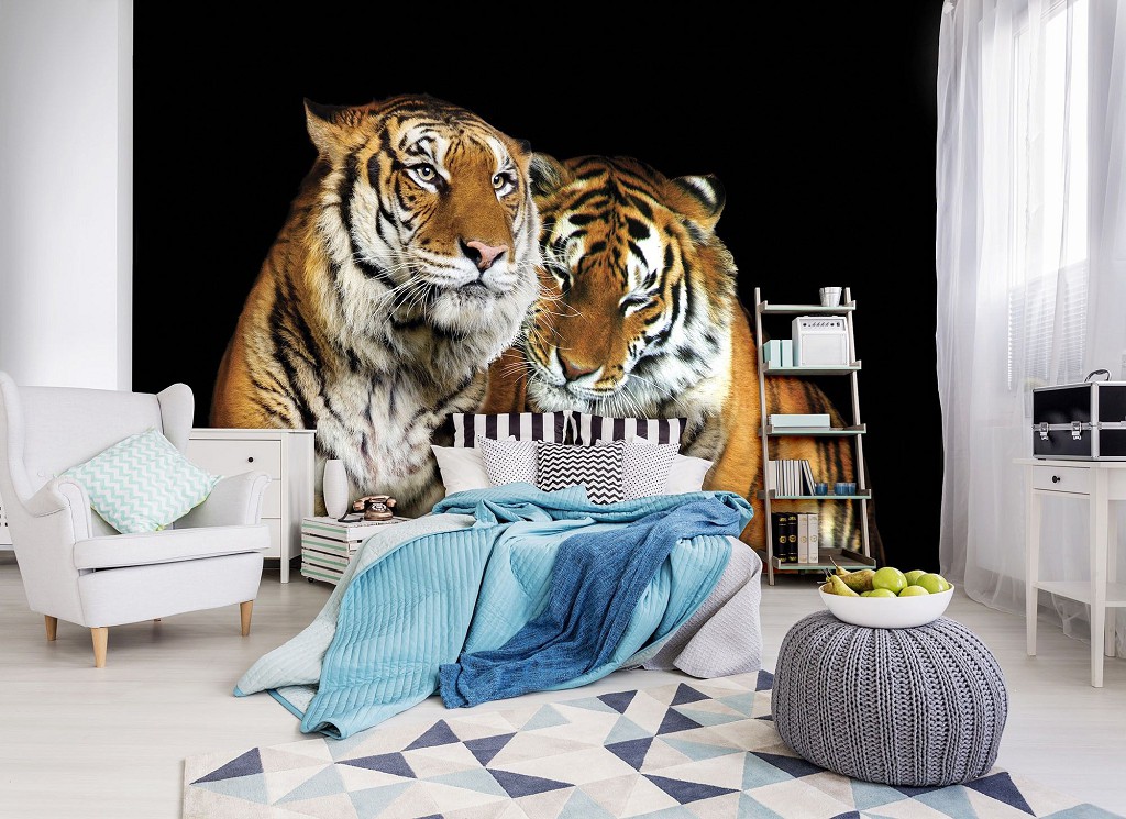 Флізелінові фотошпалери про кохання 3д тварини 520x318 см Два тигри на чорному тлі (10173VEXXXXXL) +клей
