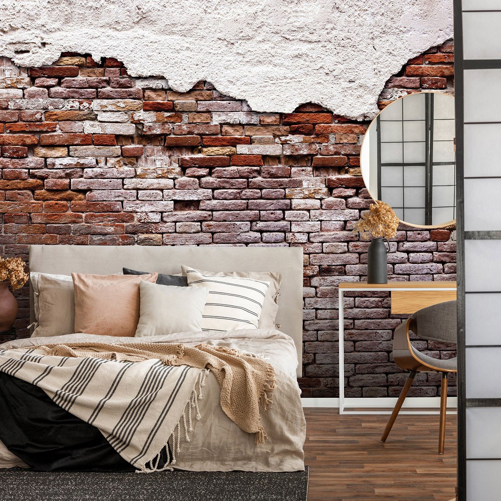 Флизелиновые фотообои для кухни стиль лофт 416x254 см Потрепанная старая красная кирпичная стена (10182VEXXXL) +клей
