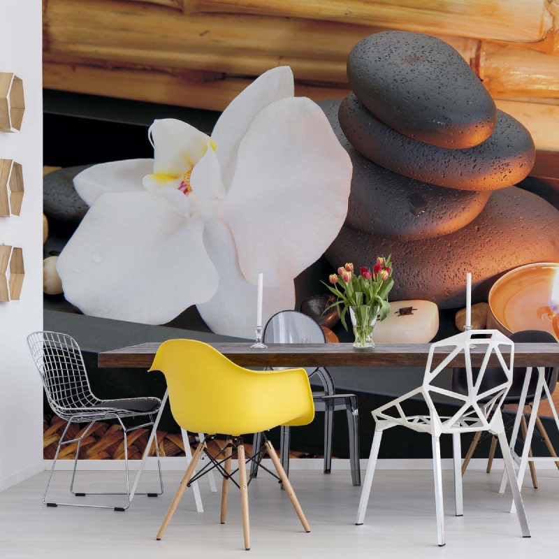 Флизелиновые фотообои в интерьере 3д цветы 368x254 см СПА Орхидея и Камни (10188V8) +клей