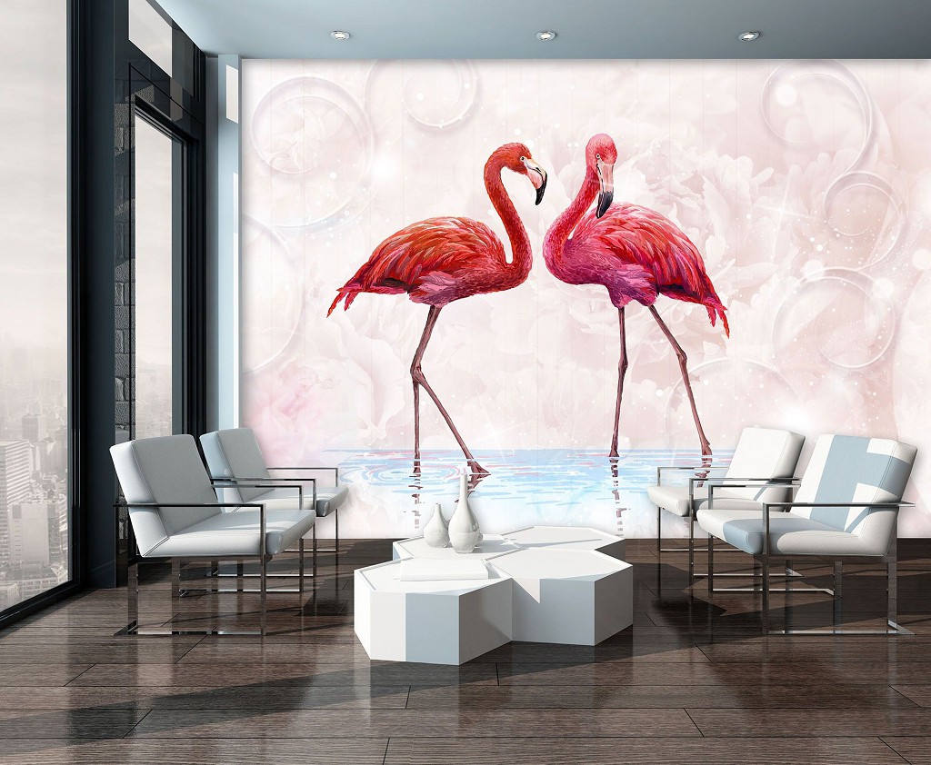 Флізелінові фото шпалери птахи 368х254 см Рожеві фламінго (10199V8)+клей