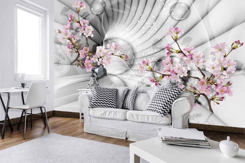 Флізелінові фото шпалери 368x254 см 3Д Тунель з куль і квітів сакури (10200V8)+клей