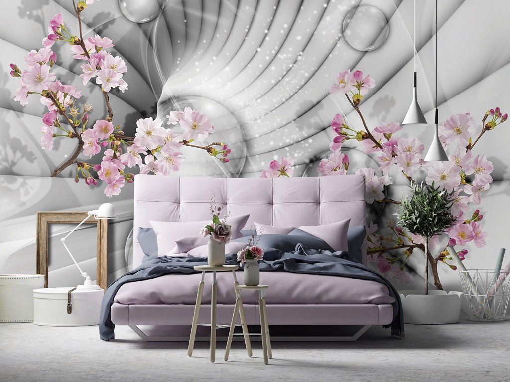 Флизелиновые фото обои 416x254 см 3Д Тоннель с шарами и цветами сакуры (10200VEXXXL)+клей