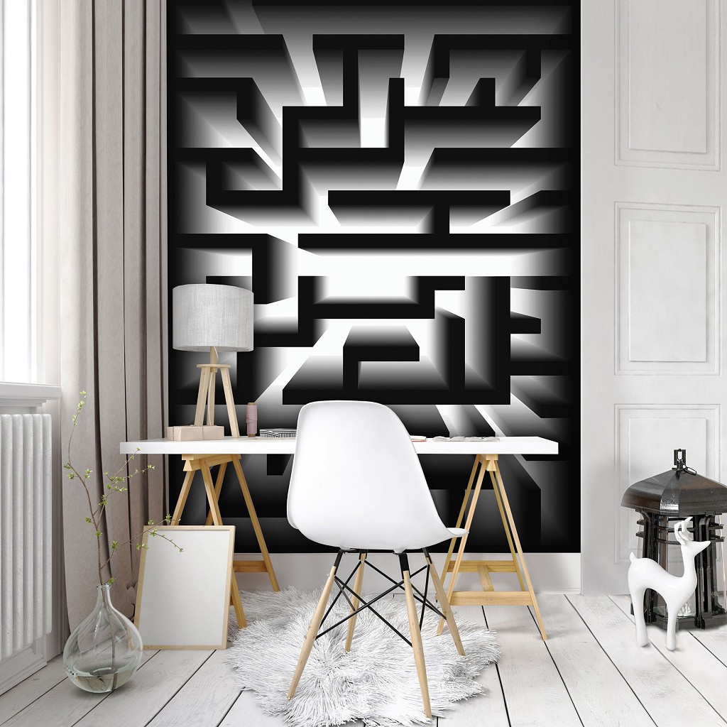 Флізелінові фотошпалери 3 д 206x275 см Геометричний чорно-білий лабіринт (10207VEA)+клей