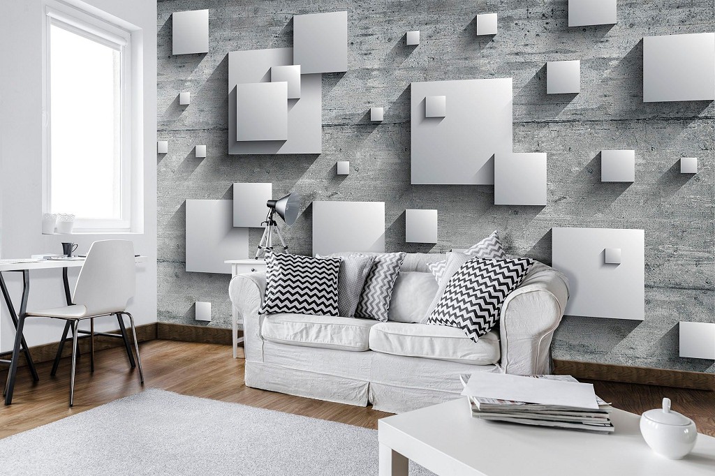 Флизелиновые узоры для 3д фото обоев 416x254 см Серые квадраты с тенью на бетонной стене (10210VEXXXL) +клей