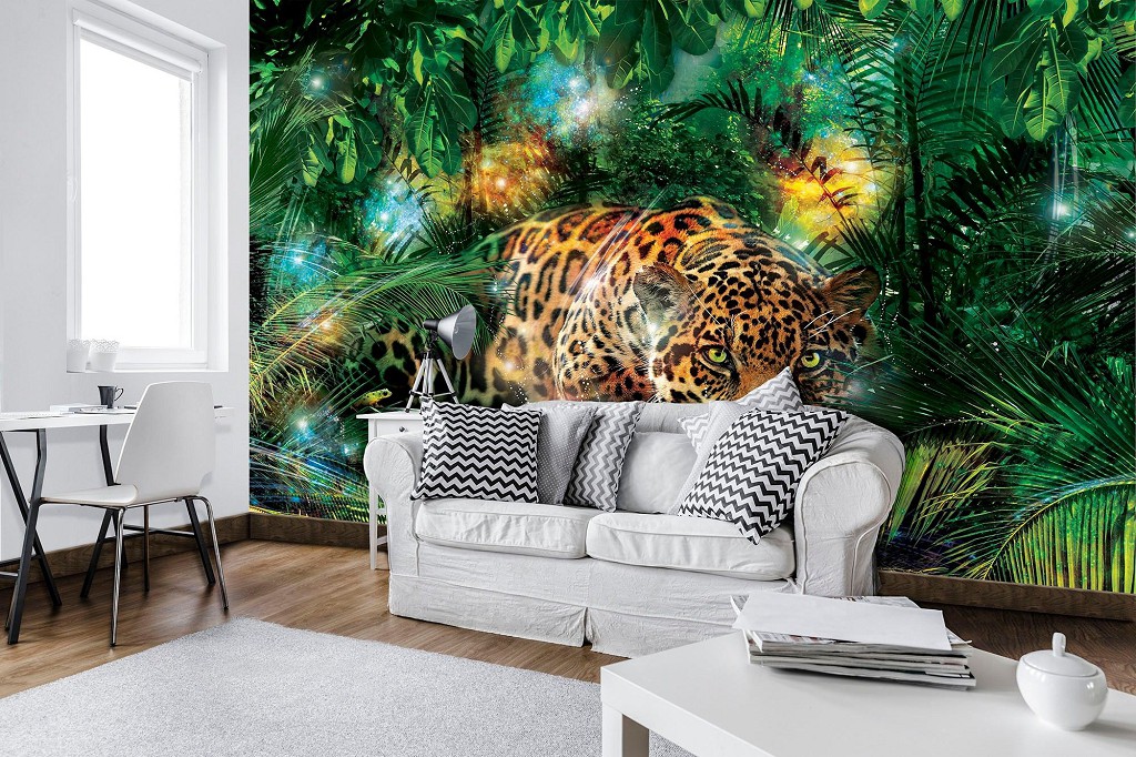 Кошенята флізелінові фотошпалери 3д тварини леопард 368x254 см Ягуар у зелених тропічних джунглях (10212V8) +клей