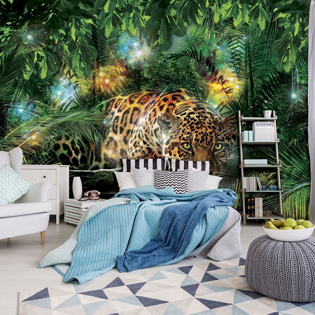 Флизелиновые фотообои котята Животные Леопард 254x184 см Ягуар в зеленых тропических джунглях (10212V4)+клей