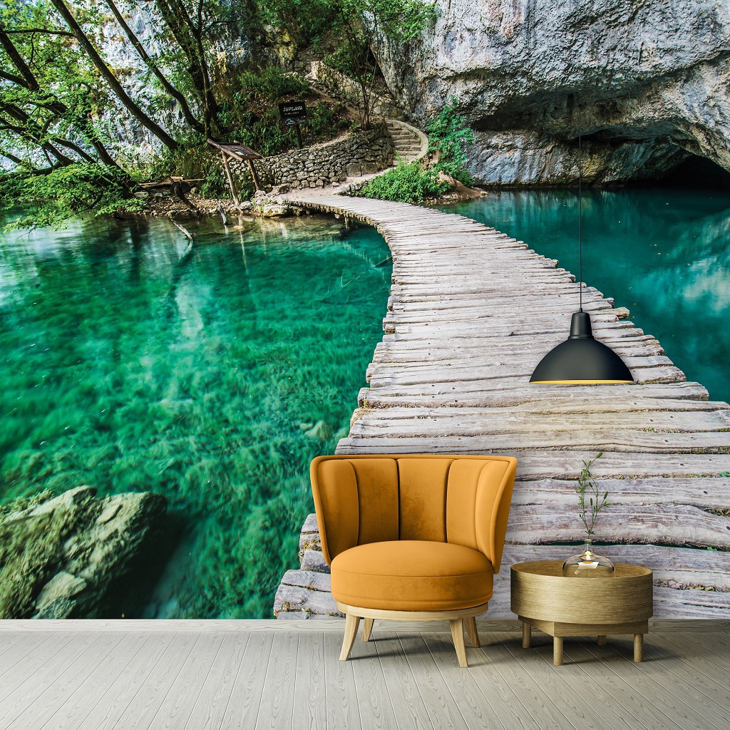 Флизелиновые фотообои 3д природа 416x254 см Мостик на бирюзовом пруду (10220VEXXXL) +клей