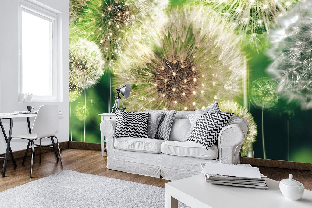 3д цветы флизелиновые фотообои 416x290 см Одуванчики на зеленом фоне (10221VEXXXXL) +клей
