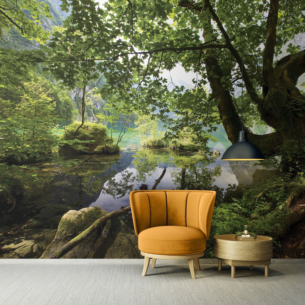 Флизелиновые фото обои лес 312x219 см 3д Деревья Пейзаж Природа Река (10222VEXXL)+клей
