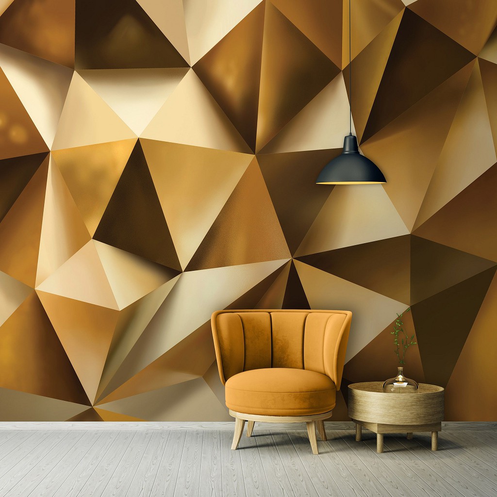 Флізелінові фотошпалери абстракції на стіні Геометрична структура 416x254 см 3Д Золоті трикутники (10223VEXXXL)+клей