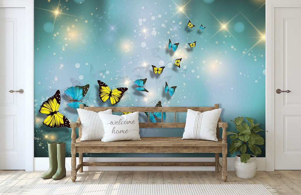 Флизелиновые фотообои в детскую комнату 312x219 см 3D Желтые и синие бабочки (10225VEXXL)+клей