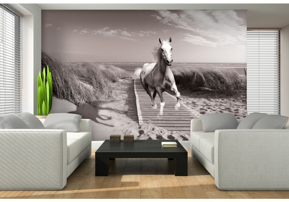 Фото животных флизелиновые фотообои в сепии 3Д 312x219 см Лошадь скачет по пляжу (10229VEXXL)+клей