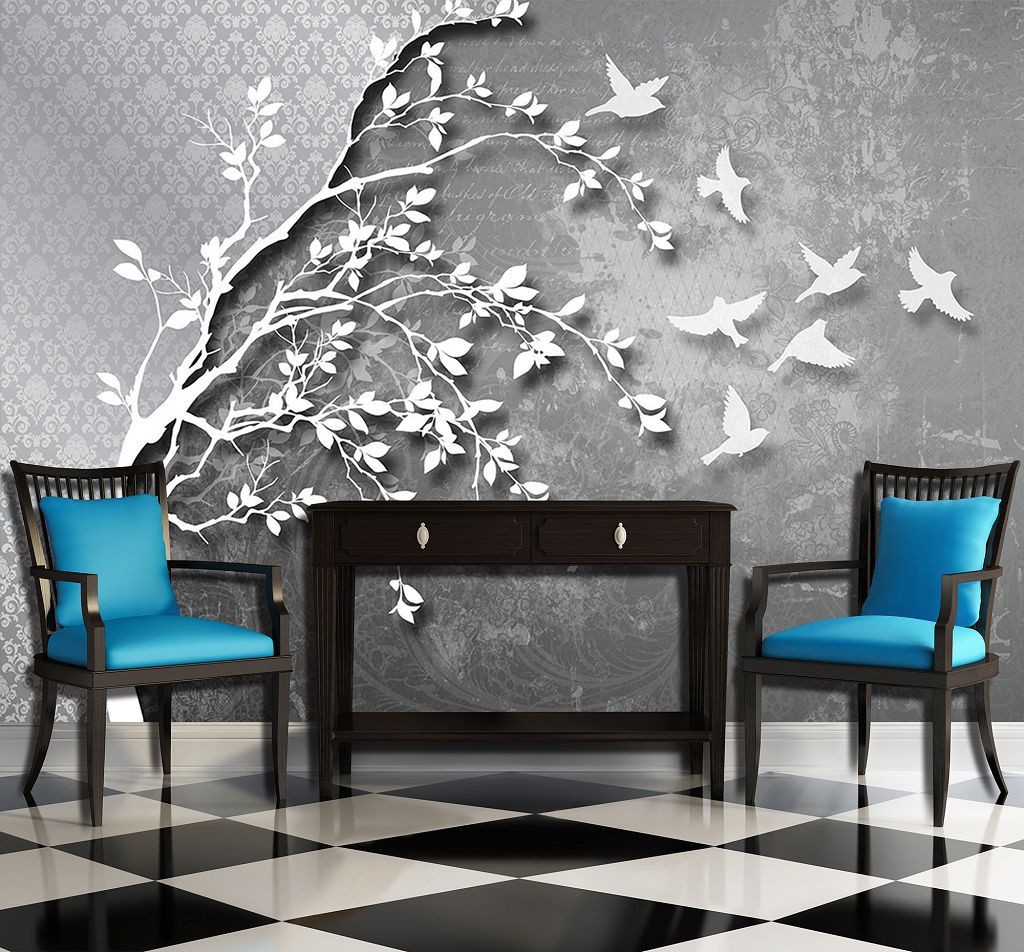 Фото шпалери з візерунками 368х254 см 3Д Біле дерево та птахи на сірий фон (10231P8)+клей