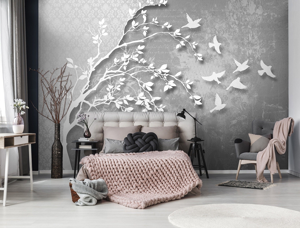 Флізелінові фотошпалери для зали 3Д Біле дерево та птахи на сірий фон (10231V)+клей