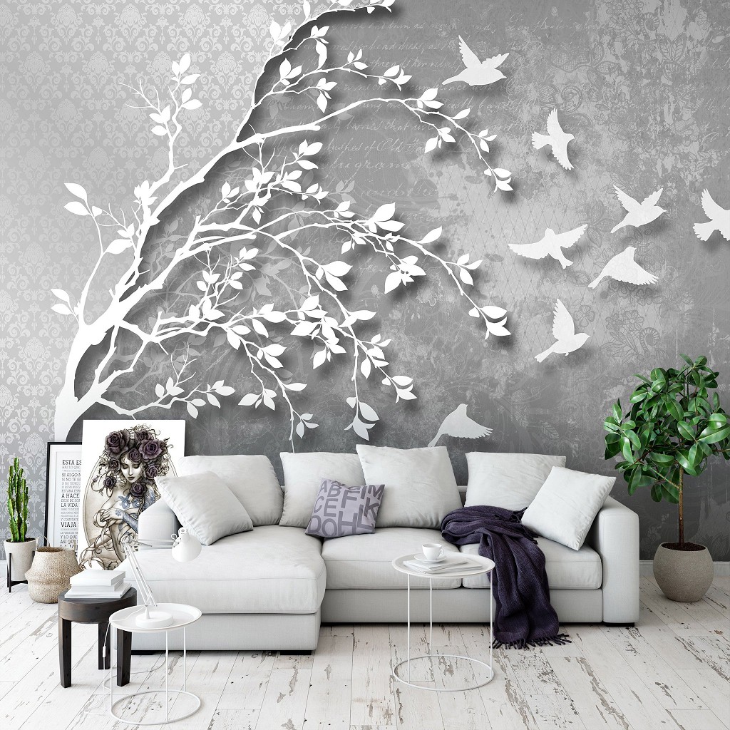 Флизелиновые фотообои в зал 368x280 см Белое дерево и птицы на сером фоне (10231V10) +клей