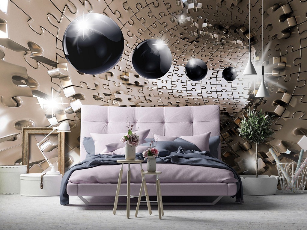 Три де флізелінові фотошпалери 368x254 см 3D чорні кулі в тунелі з пазл (10233V8)+клей