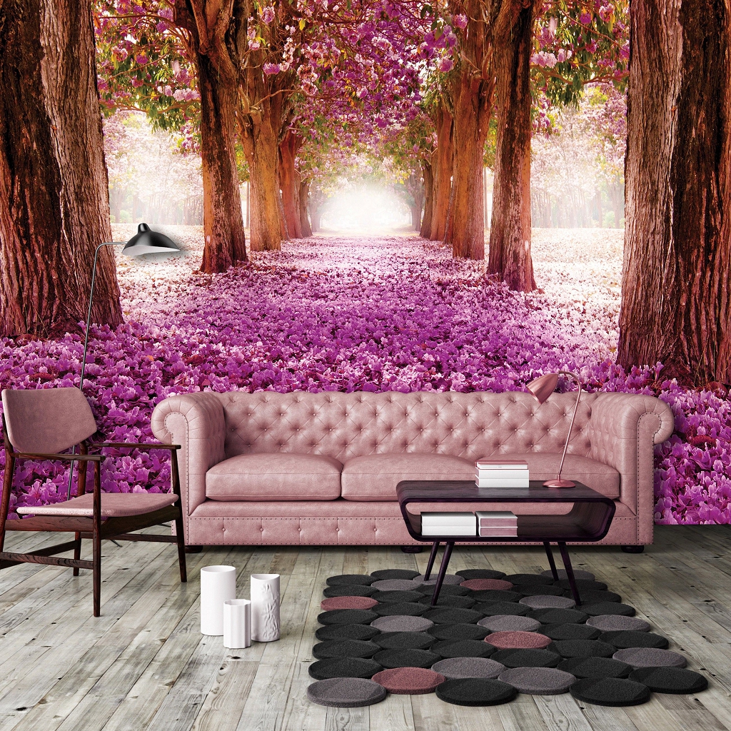 Флізелінові фотошпалери квіти в інтер'єрі спальні Дерева Пейзаж Природа 416x254 см Алея посипана пелюстками (10236VEXXXL)+клей