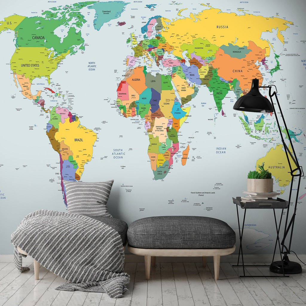 Флизелиновые фотообои в интерьере 368x254 см Политическая карта мира (10253V8) +клей