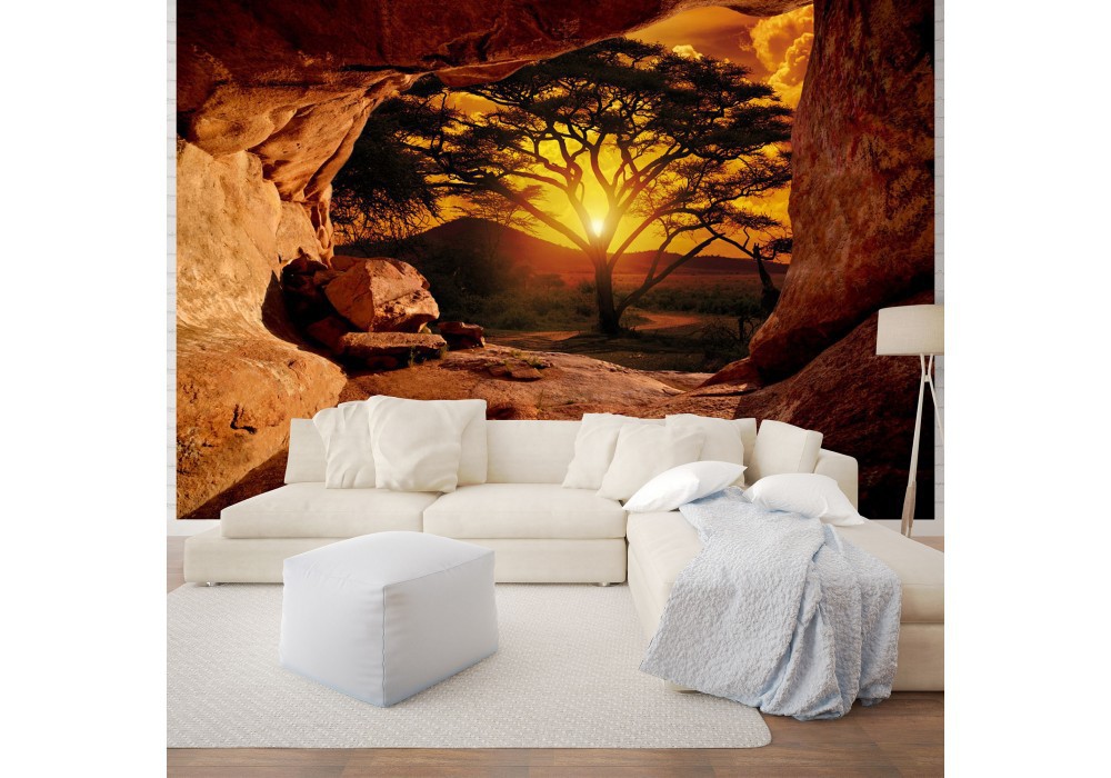 Флизелин - дерево на 3д фото обоях 254x184 см Вид из пещеры на закат (10260V4)+клей