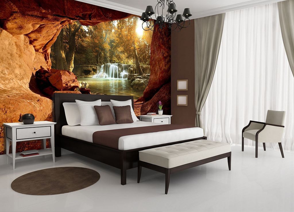 Флизелиновые 3д фотообои в гостиную природа 368x254 см Вид с пещеры на осенний лес с водопадом (10261V8)+клей