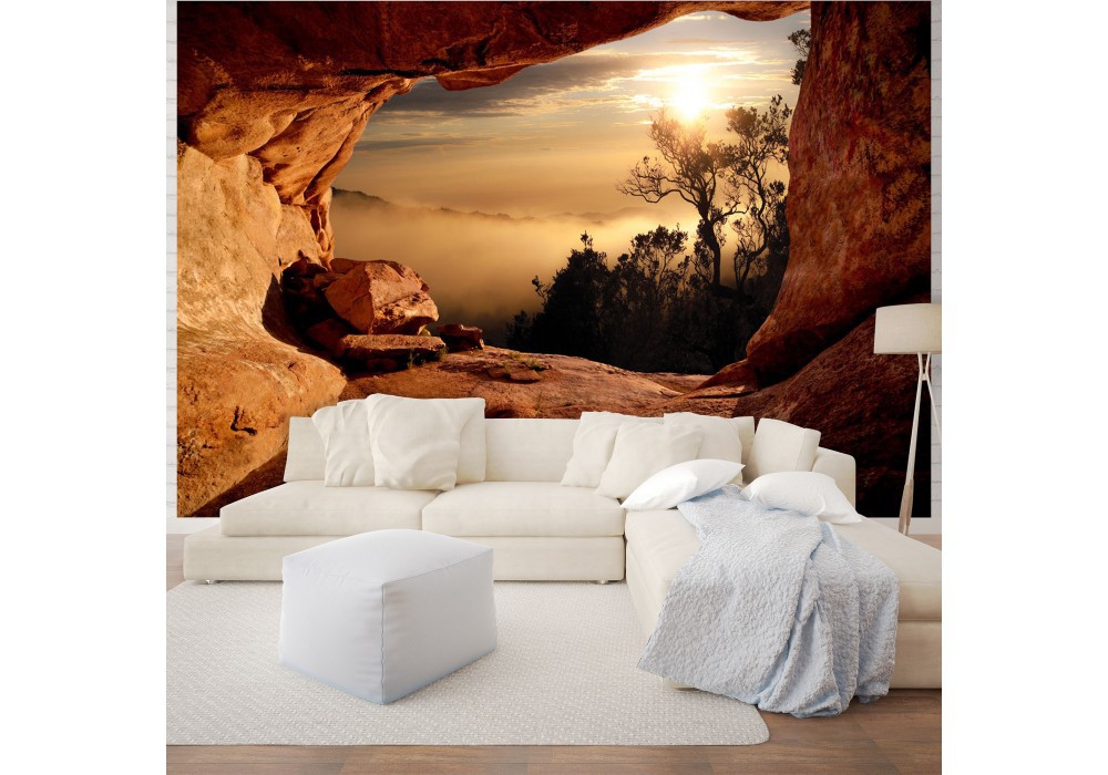 Флізелінові фотошпалери природа 3д Вид з печери на туманний ліс (10262V)+клей