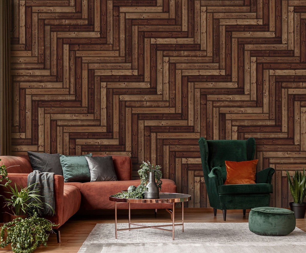 Флизелиновые фотообои геометрия в интерьере 254x184 см Деревянный темный паркет (10301V4)+клей