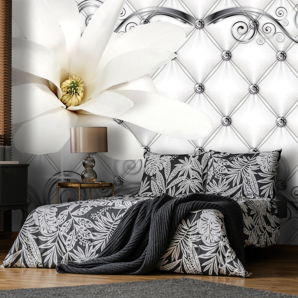 Флізелінові 3д фотошпалери для спальні 368x280 см Гламурний стиль Біла квітка на стьобаному візерунку (10305V10) +клей