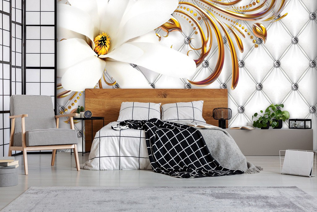 Фото красиві флізелінові 3д фотошпалери 254x184 см Стьобаний візерунок з білою квіткою в гламурному стилі (10306V4)+клей