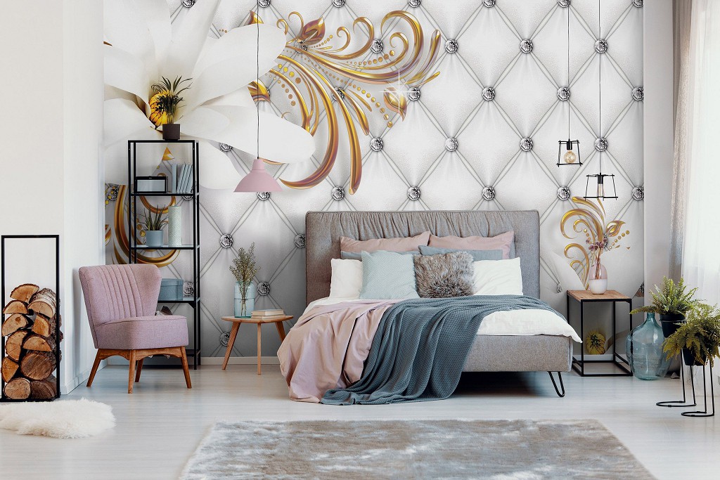 3д флізелінові фотошпалери лілії 416x290 см Візерунок з двома білими квітами в гламурному стилі (10309VEXXXXL) +клей