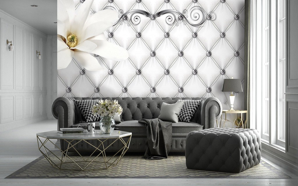 Флизелиновые фотообои 3д на стену 312x219 см Стеганый узор и два белых цветка (10314VEXXL) +клей