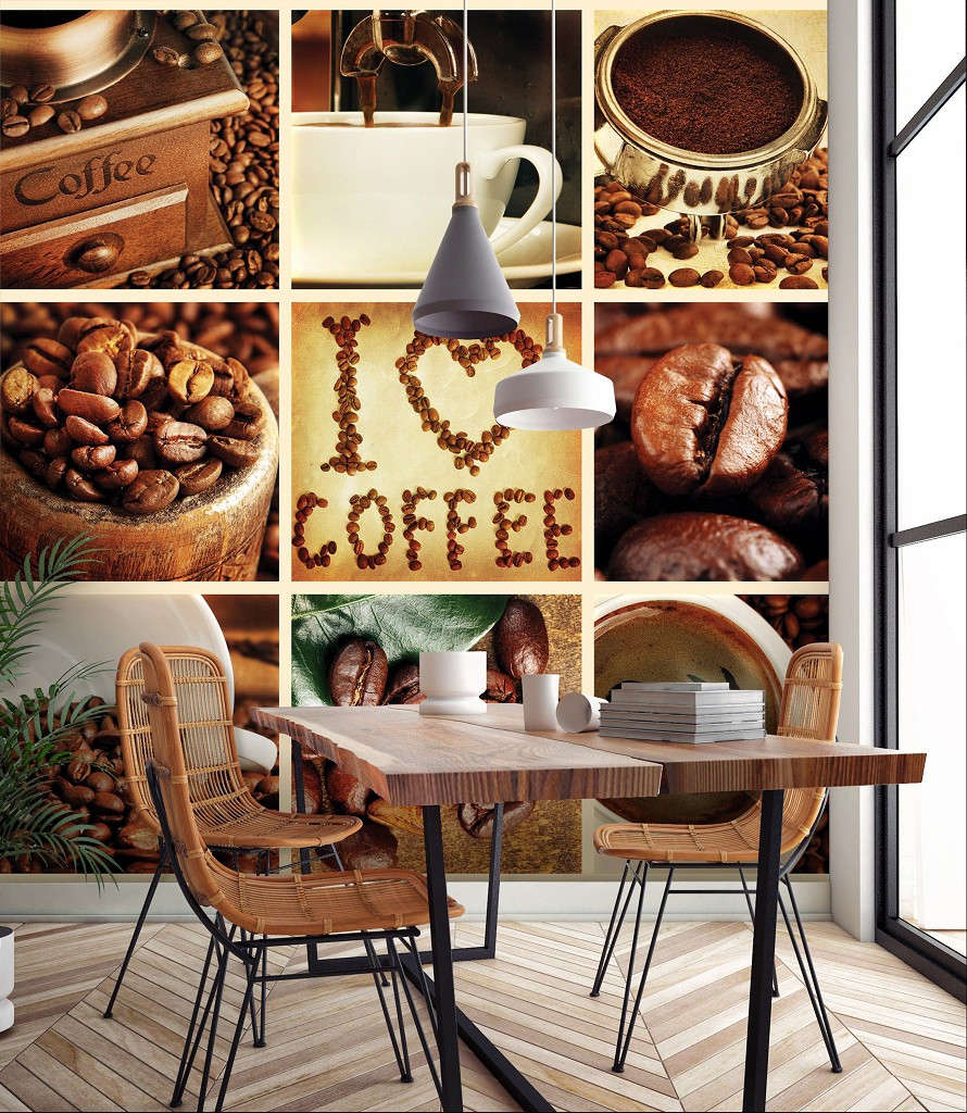 Флизелиновые фотообои на стену 368x254 см Я люблю кофе коллаж (10317V8) +клей