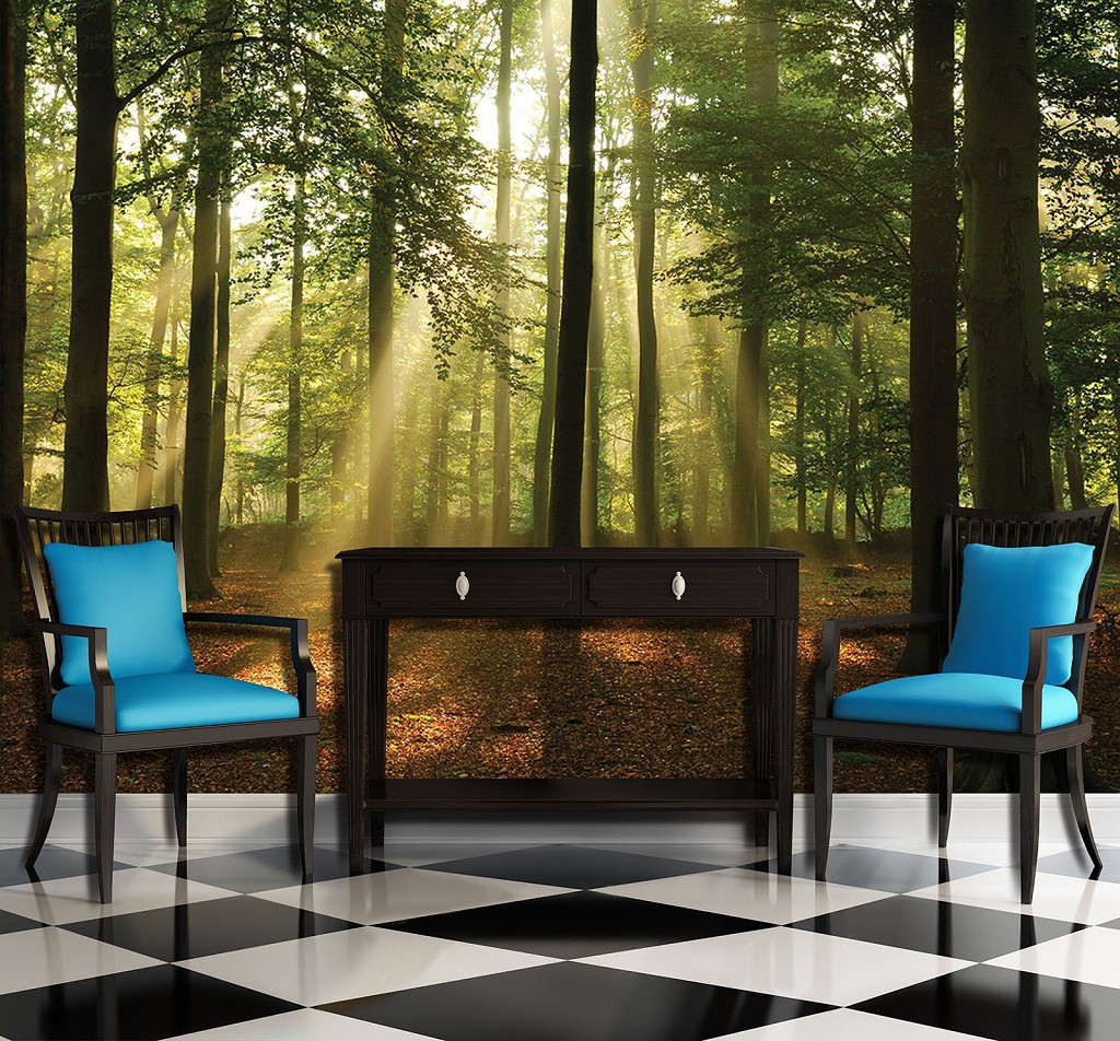 3Д Природа Сонце Ландшафт флізелінові фотошпалери 254x184 см Високі дерева в лісі (10331V4)+клей