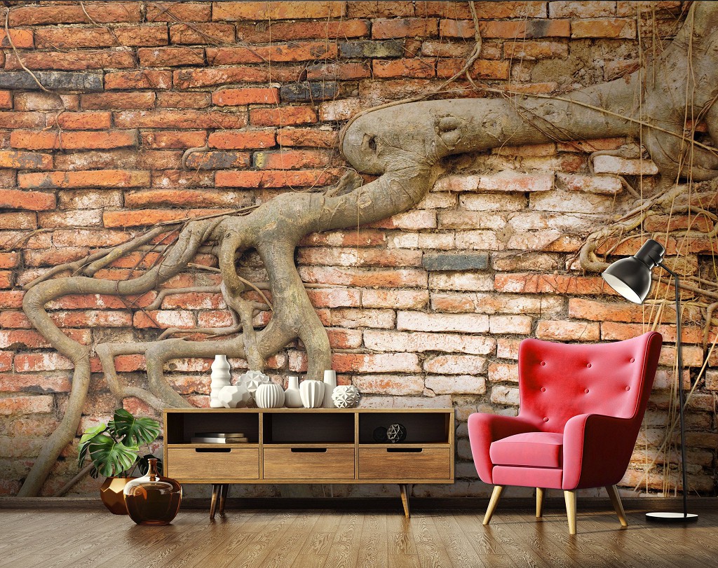 Флізелінові 3Д фотошпалери у вигляді цегляної кладки 312x219 см Корінь на стіні (10333VEXXL)+клей