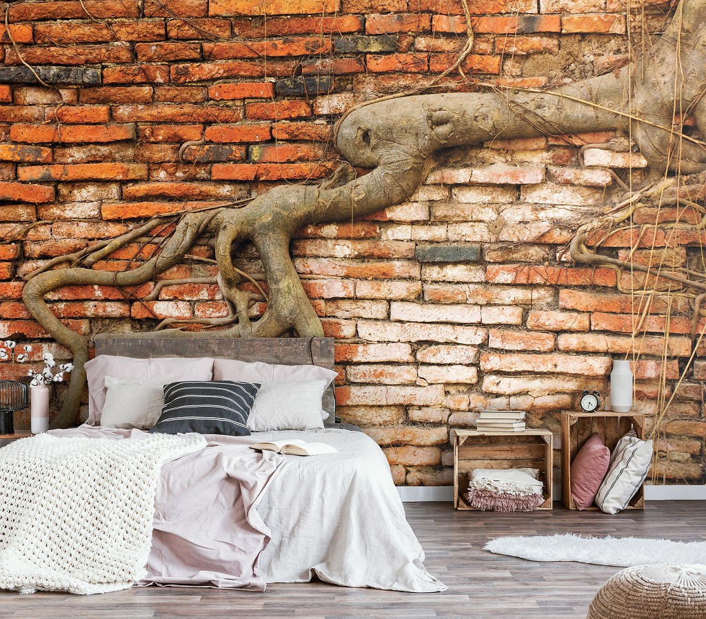 Флизелиновые фотообои в зал 3Д Кирпичи 416x254 см Корень на стене (10333VEXXXL)+клей