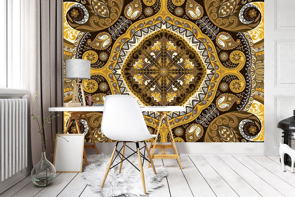 Абстрактные флизелиновые фотообои на стену 312x219 см Желто-коричневый орнамент мозаика (10370VEXXL)+клей