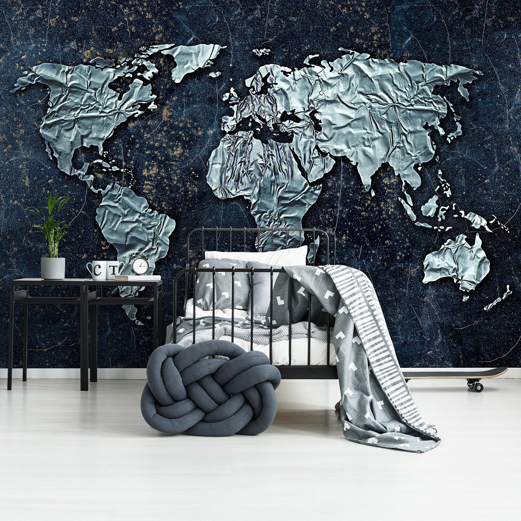Флізелінові фотошпалери на кухню 368x280 см 3D Карта світу з металу на темно-синьому тлі (10385V10) +клей