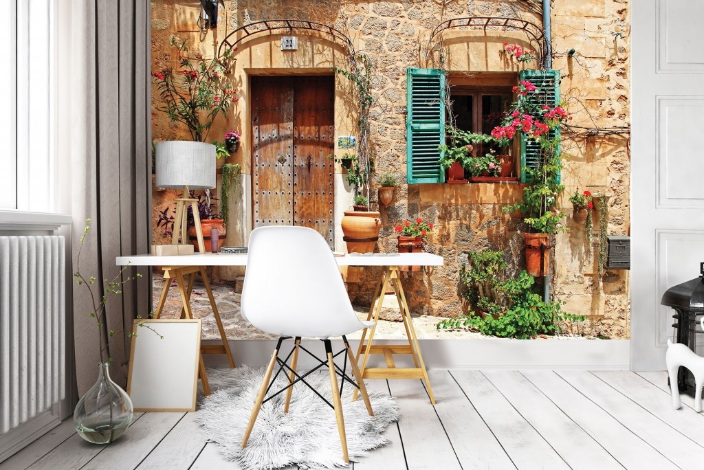 Фото обои 368x254 см 3Д Красивый фасад дома с цветами в горшках (10388P8)+клей