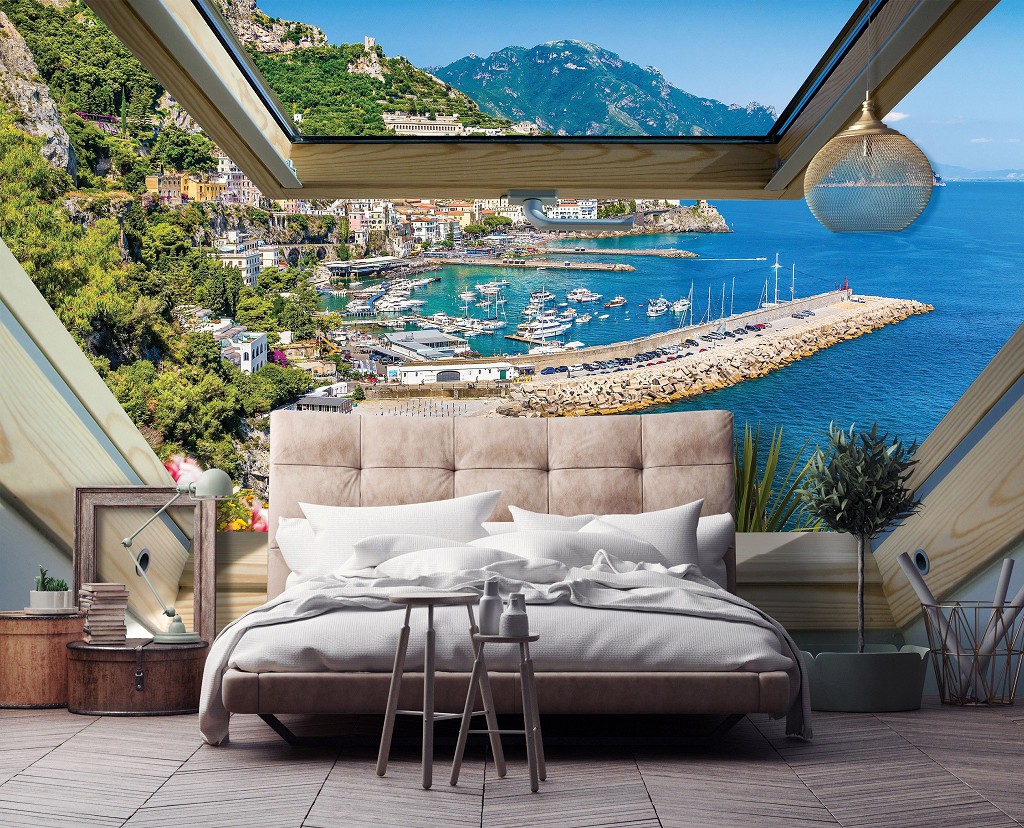 Флизелиновые фотообои летний пейзаж 416x254 см 3Д Вид из мансардного окна на море и горы (10389VEXXXL) +клей