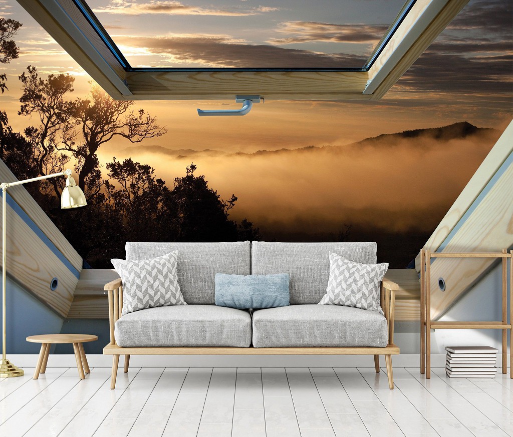 Флизелиновые фотообои природа 368x280 см 3д Вид из мансардного окна на туманные горы (10390V10) +клей