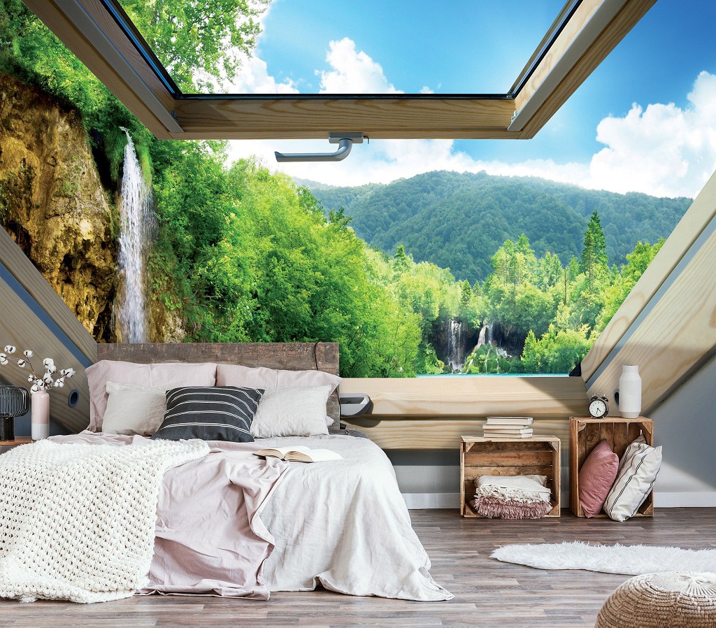 Флізелінові фотошпалери 312x219 см 3Д Вид з мансардного вікна на водоспад у лісі (10391VEXXL) +клей