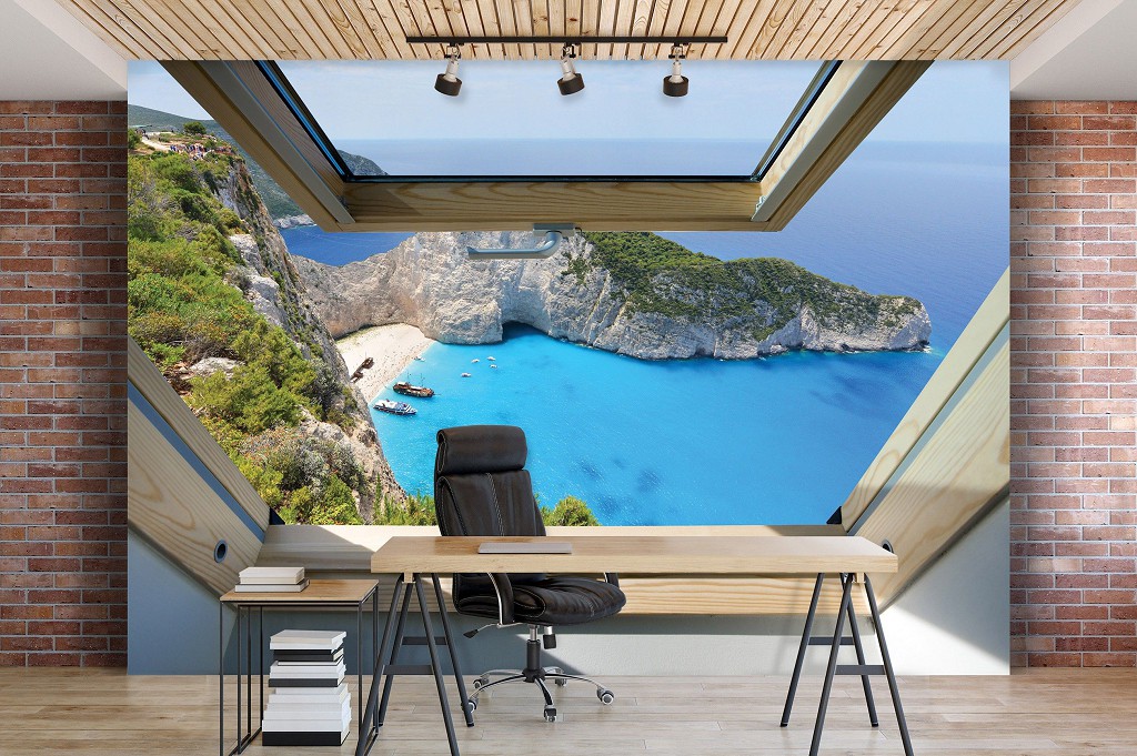 Флізелінові фотошпалери для зали природа 312x219 см 3Д Вид з мансардного вікна на гори та море (10393VEXXL) +клей