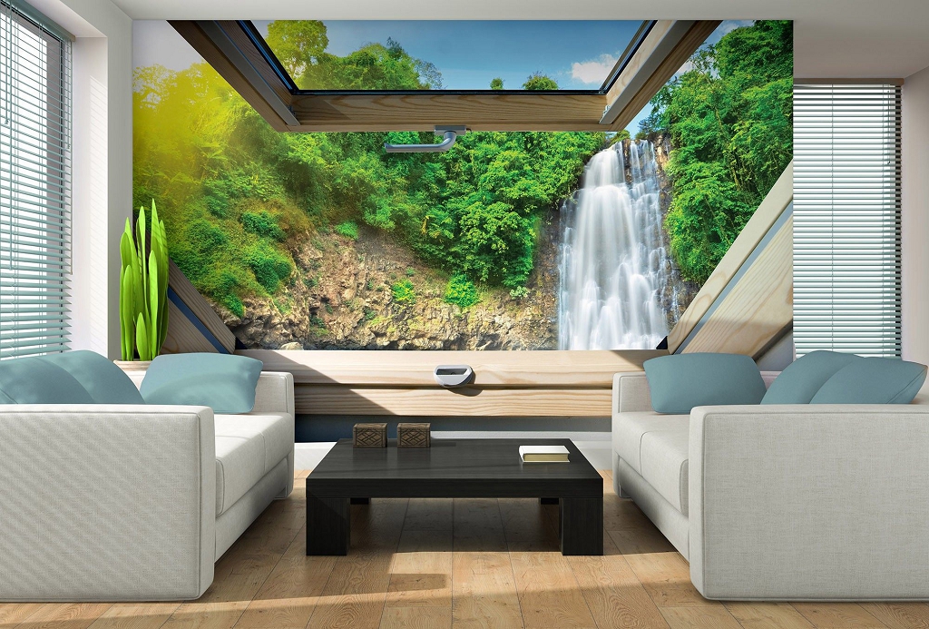 Флизелиновые фотообои лето пейзаж 3Д Вид из мансардного окна на тропический водопад (10394V)+клей