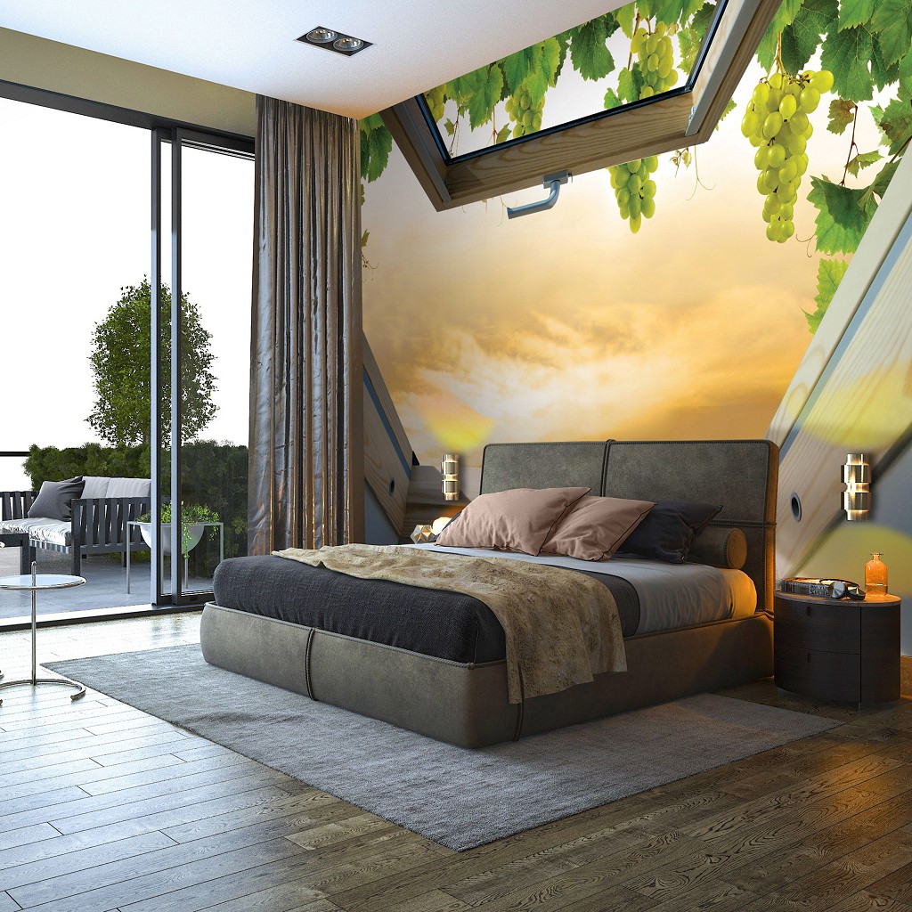 Флизелиновые фотообои пейзаж 416x254 см 3Д Вид из мансардного окна на виноград (10395VEXXXL) +клей