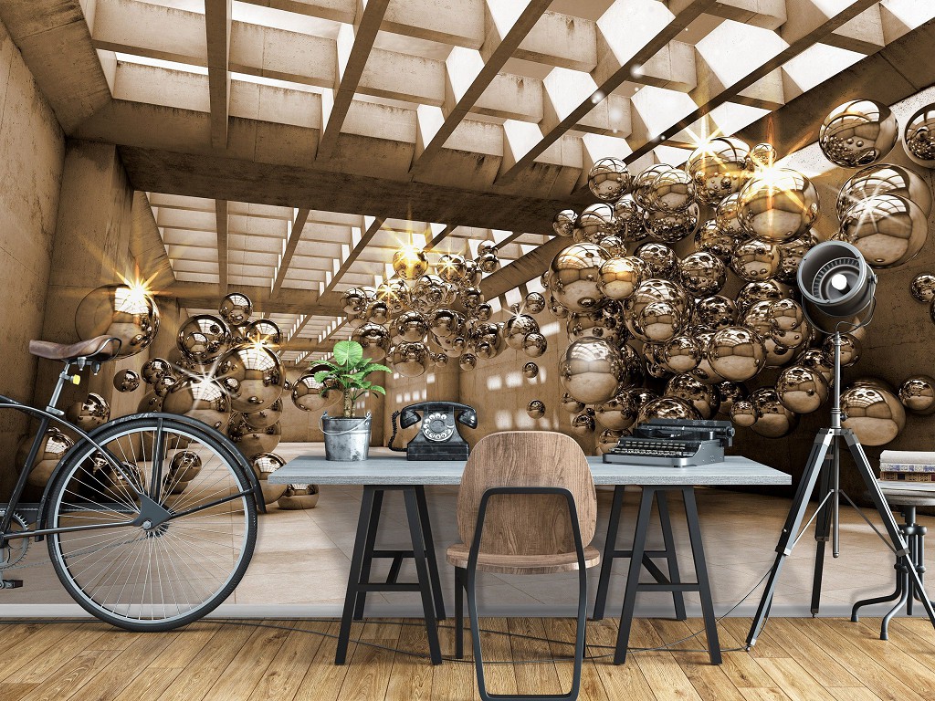 3d флізелінові фотошпалери 368x254 см Велика кімната зі сталевими кулями (10396V8) +клей