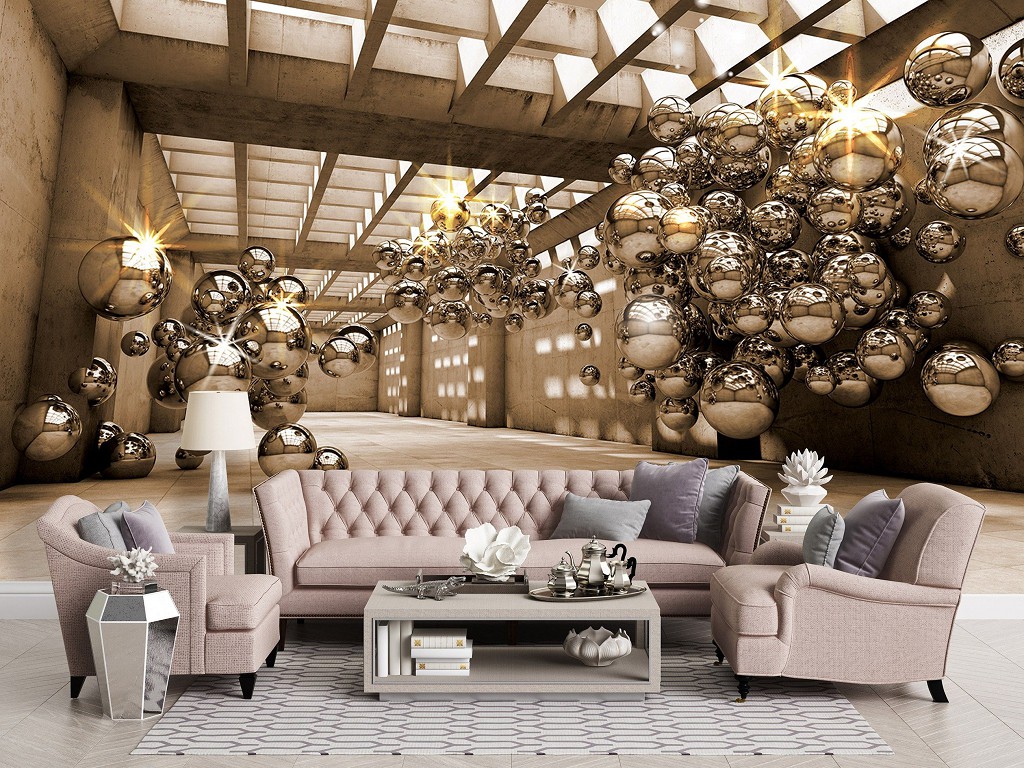 Флизелиновые фотообои абстракция 312x219 см 3Д Большая комната со стальными шарами (10396VEXXL) +клей